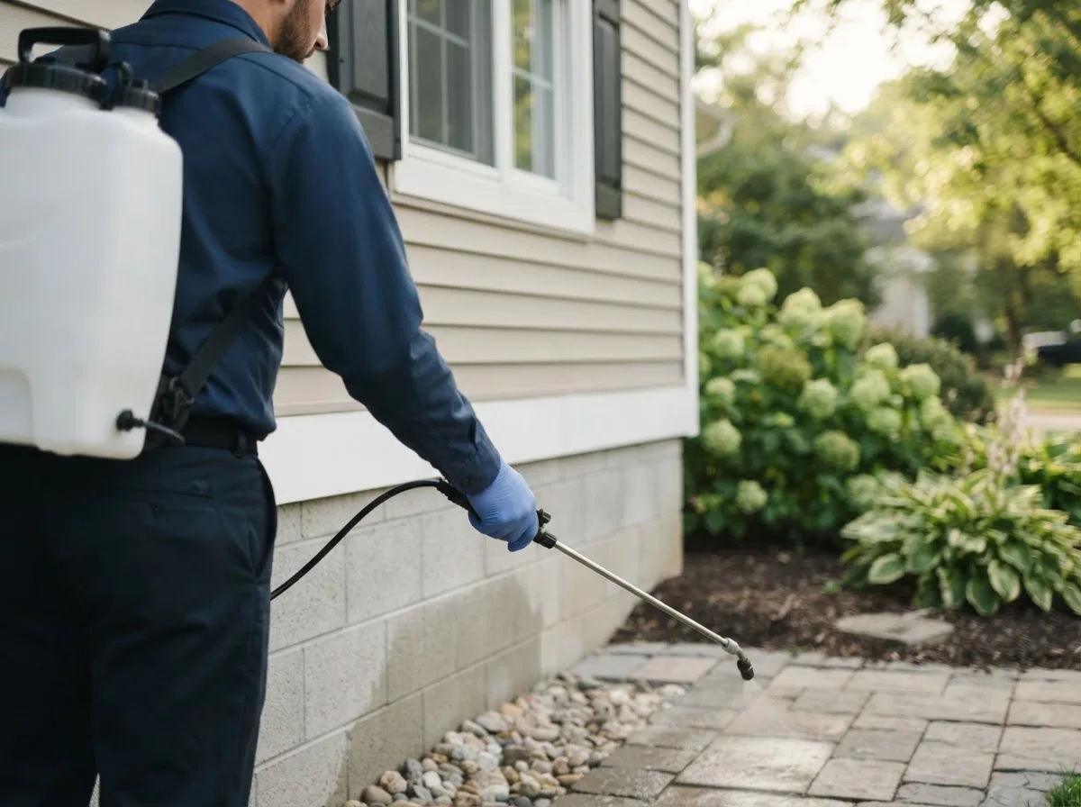 Pest control technician inspecting a home in Altona, NY